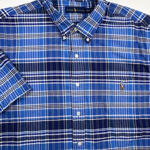Ralph Lauren Mens Blue Plaid Short Sleeve Shirt XXL Button Down Flesh Pony
